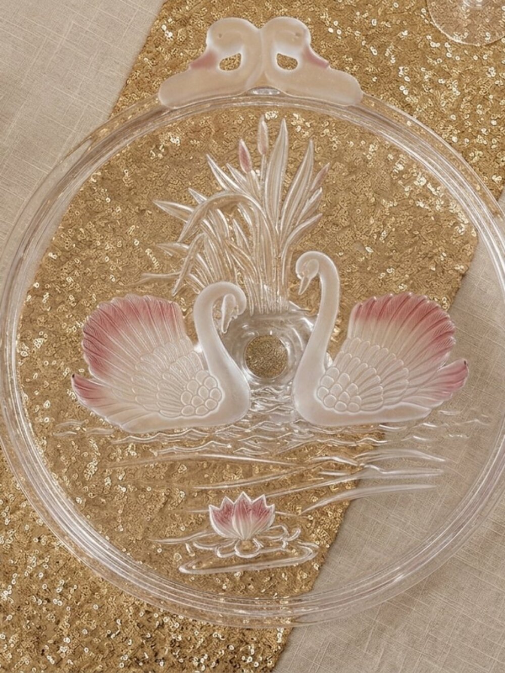 MIKASA “Swan Lake” Cake Display Glass - Frosted & Pink Swans